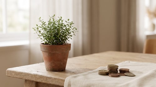 Pflanze und Münzen auf einem Holztisch